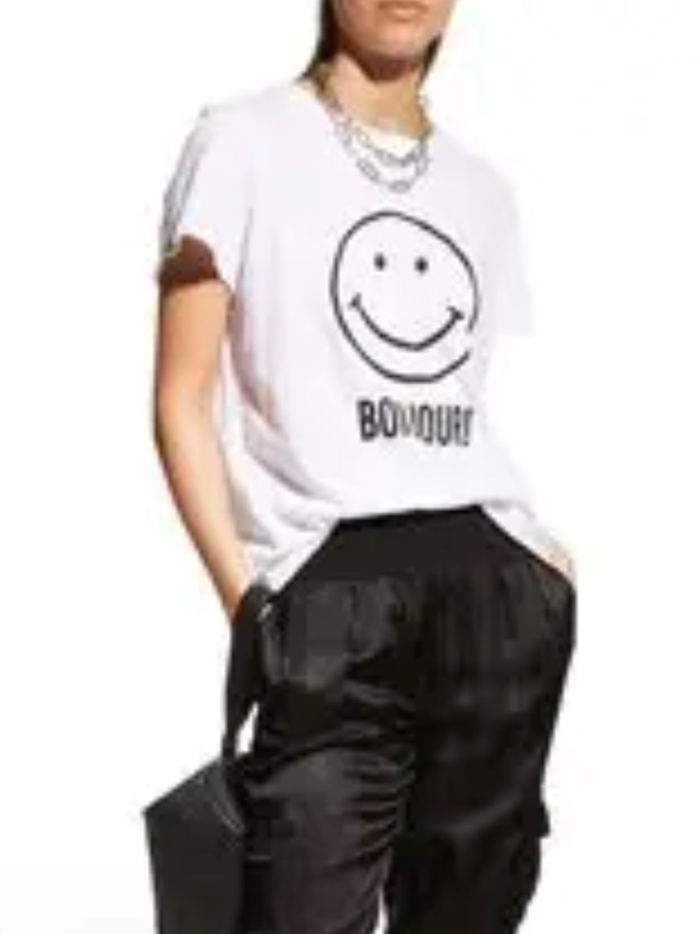 Cinq à Sept Bonjour Smiley Tee NWT White Black Graphic Tee Size M